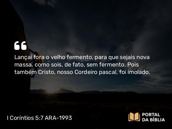 I Coríntios 5:7 ARA-1993 - Lançai fora o velho fermento, para que sejais nova massa, como sois, de fato, sem fermento. Pois também Cristo, nosso Cordeiro pascal, foi imolado.