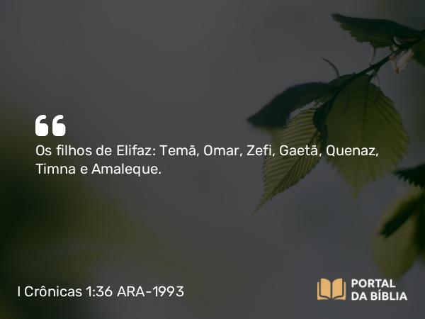 I Crônicas 1:36 ARA-1993 - Os filhos de Elifaz: Temã, Omar, Zefi, Gaetã, Quenaz, Timna e Amaleque.