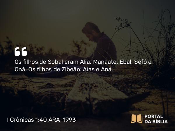 I Crônicas 1:40 ARA-1993 - Os filhos de Sobal eram Aliã, Manaate, Ebal, Sefô e Onã. Os filhos de Zibeão: Aías e Aná.