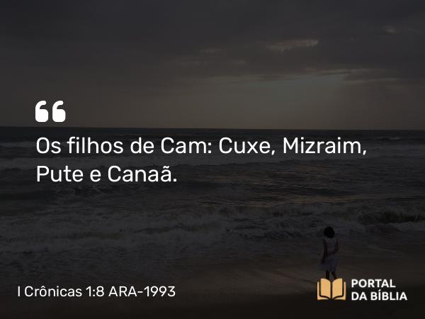 I Crônicas 1:8 ARA-1993 - Os filhos de Cam: Cuxe, Mizraim, Pute e Canaã.