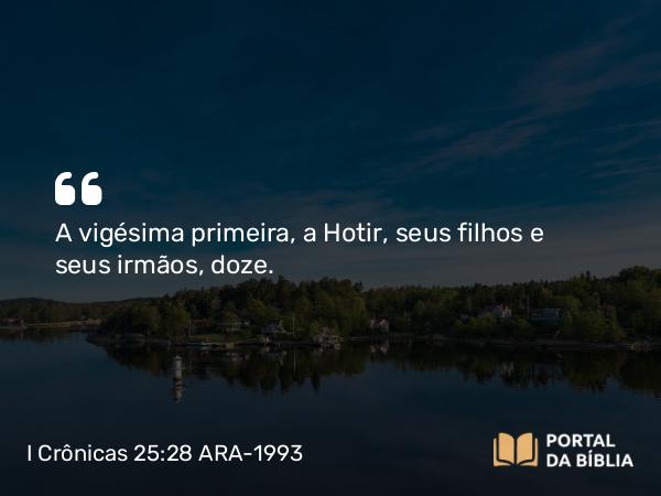 I Crônicas 25:28 ARA-1993 - A vigésima primeira, a Hotir, seus filhos e seus irmãos, doze.