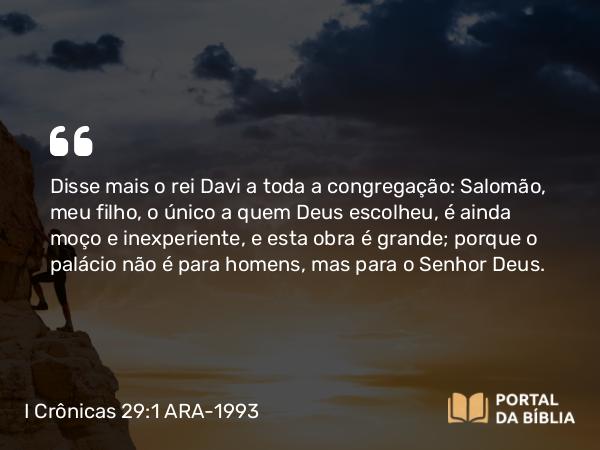 I Crônicas 29:1 ARA-1993 - Disse mais o rei Davi a toda a congregação: Salomão, meu filho, o único a quem Deus escolheu, é ainda moço e inexperiente, e esta obra é grande; porque o palácio não é para homens, mas para o Senhor Deus.