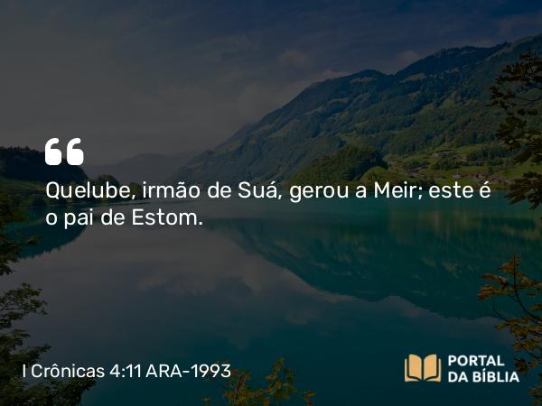 I Crônicas 4:11 ARA-1993 - Quelube, irmão de Suá, gerou a Meir; este é o pai de Estom.