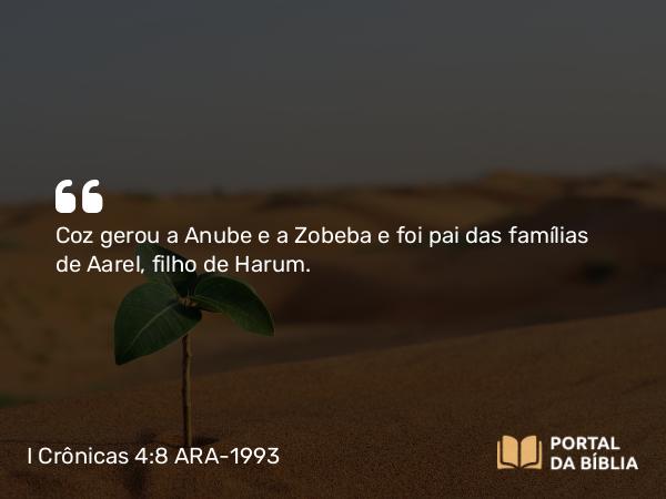 I Crônicas 4:8 ARA-1993 - Coz gerou a Anube e a Zobeba e foi pai das famílias de Aarel, filho de Harum.