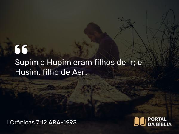 I Crônicas 7:12 ARA-1993 - Supim e Hupim eram filhos de Ir; e Husim, filho de Aer.