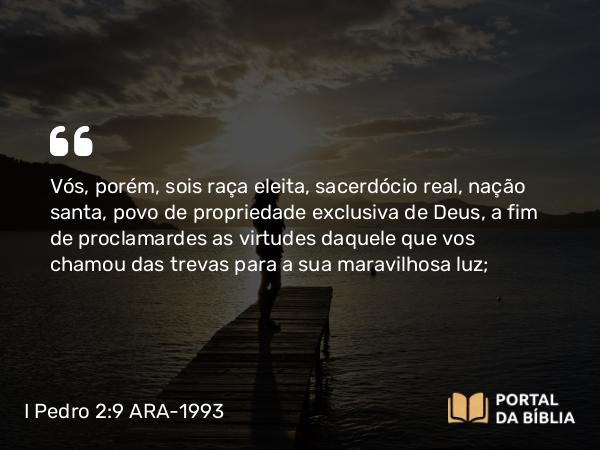 I Pedro 2:9 ARA-1993 - Vós, porém, sois raça eleita, sacerdócio real, nação santa, povo de propriedade exclusiva de Deus, a fim de proclamardes as virtudes daquele que vos chamou das trevas para a sua maravilhosa luz;