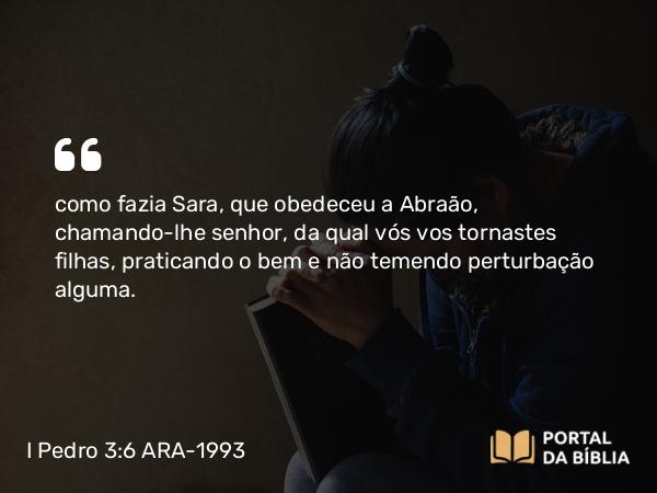 I Pedro 3:6 ARA-1993 - como fazia Sara, que obedeceu a Abraão, chamando-lhe senhor, da qual vós vos tornastes filhas, praticando o bem e não temendo perturbação alguma.