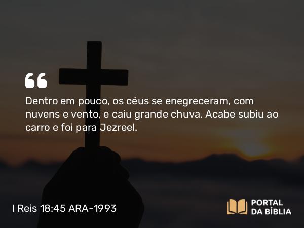 I Reis 18:45 ARA-1993 - Dentro em pouco, os céus se enegreceram, com nuvens e vento, e caiu grande chuva. Acabe subiu ao carro e foi para Jezreel.