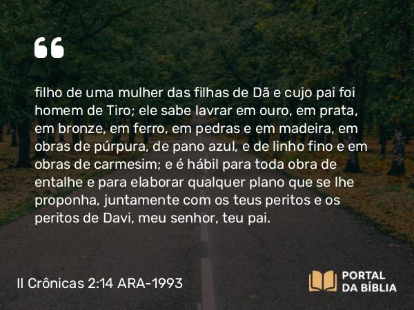 II Crônicas 2:14 ARA-1993 - filho de uma mulher das filhas de Dã e cujo pai foi homem de Tiro; ele sabe lavrar em ouro, em prata, em bronze, em ferro, em pedras e em madeira, em obras de púrpura, de pano azul, e de linho fino e em obras de carmesim; e é hábil para toda obra de entalhe e para elaborar qualquer plano que se lhe proponha, juntamente com os teus peritos e os peritos de Davi, meu senhor, teu pai.