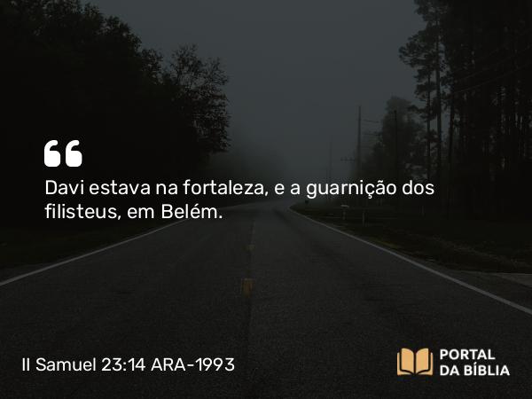 II Samuel 23:14 ARA-1993 - Davi estava na fortaleza, e a guarnição dos filisteus, em Belém.