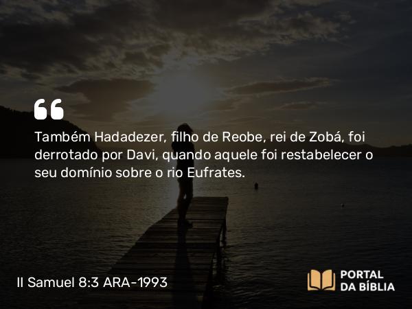 II Samuel 8:3 ARA-1993 - Também Hadadezer, filho de Reobe, rei de Zobá, foi derrotado por Davi, quando aquele foi restabelecer o seu domínio sobre o rio Eufrates.