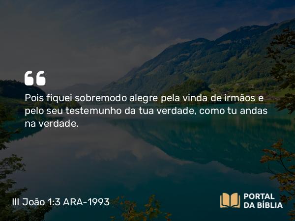 III João 1:3 ARA-1993 - Pois fiquei sobremodo alegre pela vinda de irmãos e pelo seu testemunho da tua verdade, como tu andas na verdade.