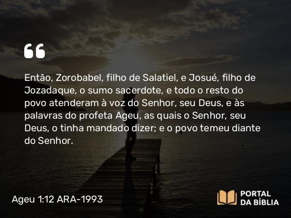 Ageu 1:12 ARA-1993 - SenhorEntão, Zorobabel, filho de Salatiel, e Josué, filho de Jozadaque, o sumo sacerdote, e todo o resto do povo atenderam à voz do Senhor, seu Deus, e às palavras do profeta Ageu, as quais o Senhor, seu Deus, o tinha mandado dizer; e o povo temeu diante do Senhor.