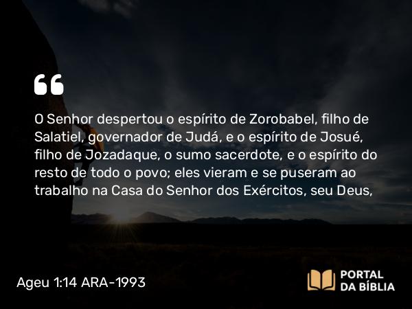 Ageu 1:14 ARA-1993 - O Senhor despertou o espírito de Zorobabel, filho de Salatiel, governador de Judá, e o espírito de Josué, filho de Jozadaque, o sumo sacerdote, e o espírito do resto de todo o povo; eles vieram e se puseram ao trabalho na Casa do Senhor dos Exércitos, seu Deus,