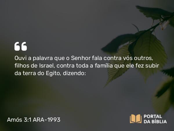 Amós 3:1 ARA-1993 - Ouvi a palavra que o Senhor fala contra vós outros, filhos de Israel, contra toda a família que ele fez subir da terra do Egito, dizendo: