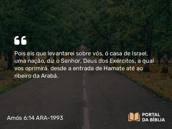 Amós 6:14 ARA-1993 - Pois eis que levantarei sobre vós, ó casa de Israel, uma nação, diz o Senhor, Deus dos Exércitos, a qual vos oprimirá, desde a entrada de Hamate até ao ribeiro da Arabá.