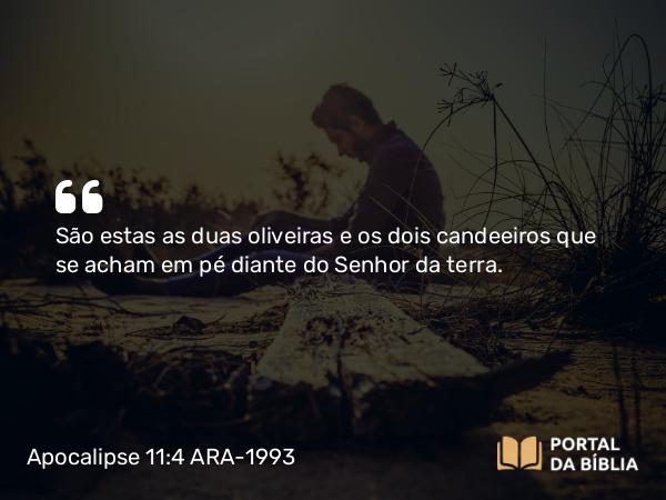 Apocalipse 11:4 ARA-1993 - São estas as duas oliveiras e os dois candeeiros que se acham em pé diante do Senhor da terra.