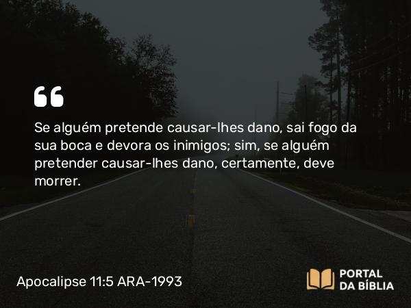 Apocalipse 11:5 ARA-1993 - Se alguém pretende causar-lhes dano, sai fogo da sua boca e devora os inimigos; sim, se alguém pretender causar-lhes dano, certamente, deve morrer.