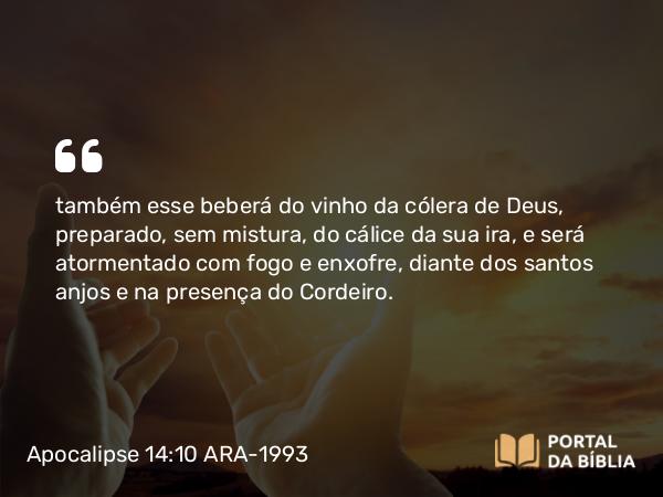 Apocalipse 14:10-11 ARA-1993 - também esse beberá do vinho da cólera de Deus, preparado, sem mistura, do cálice da sua ira, e será atormentado com fogo e enxofre, diante dos santos anjos e na presença do Cordeiro.