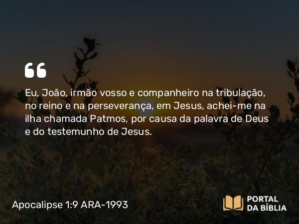 Apocalipse 1:9 ARA-1993 - Eu, João, irmão vosso e companheiro na tribulação, no reino e na perseverança, em Jesus, achei-me na ilha chamada Patmos, por causa da palavra de Deus e do testemunho de Jesus.