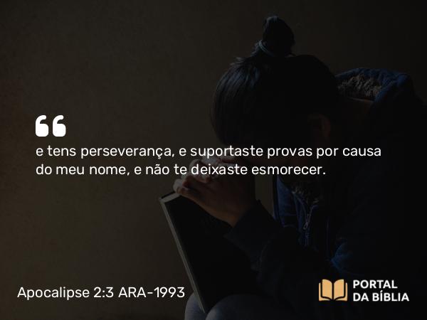 Apocalipse 2:3 ARA-1993 - e tens perseverança, e suportaste provas por causa do meu nome, e não te deixaste esmorecer.