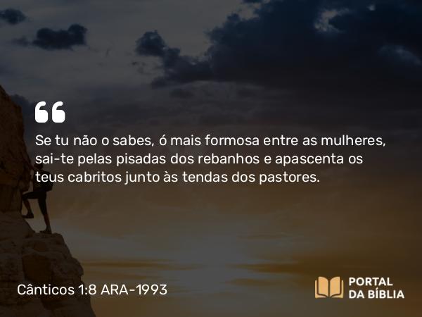 Cânticos 1:8 ARA-1993 - Se tu não o sabes, ó mais formosa entre as mulheres, sai-te pelas pisadas dos rebanhos e apascenta os teus cabritos junto às tendas dos pastores.