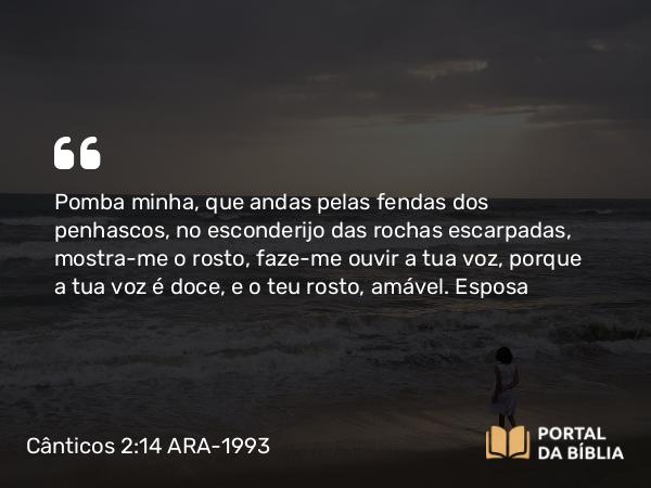 Cânticos 2:14 ARA-1993 - Pomba minha, que andas pelas fendas dos penhascos, no esconderijo das rochas escarpadas, mostra-me o rosto, faze-me ouvir a tua voz, porque a tua voz é doce, e o teu rosto, amável.