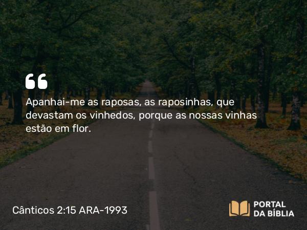 Cânticos 2:15 ARA-1993 - Apanhai-me as raposas, as raposinhas, que devastam os vinhedos, porque as nossas vinhas estão em flor.