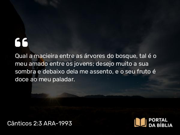 Cânticos 2:3 ARA-1993 - Qual a macieira entre as árvores do bosque, tal é o meu amado entre os jovens; desejo muito a sua sombra e debaixo dela me assento, e o seu fruto é doce ao meu paladar.