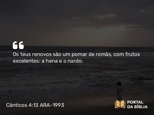 Cânticos 4:13 ARA-1993 - Os teus renovos são um pomar de romãs, com frutos excelentes: a hena e o nardo;