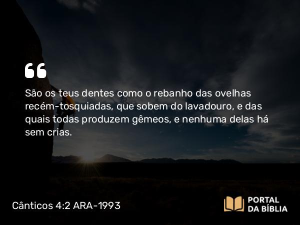 Cânticos 4:2 ARA-1993 - São os teus dentes como o rebanho das ovelhas recém-tosquiadas, que sobem do lavadouro, e das quais todas produzem gêmeos, e nenhuma delas há sem crias.