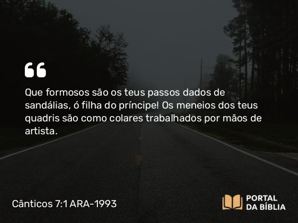 Cânticos 7:1 ARA-1993 - Que formosos são os teus passos dados de sandálias, ó filha do príncipe! Os meneios dos teus quadris são como colares trabalhados por mãos de artista.