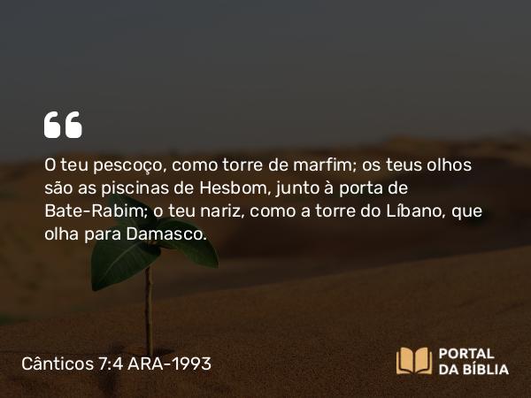 Cânticos 7:4 ARA-1993 - O teu pescoço, como torre de marfim; os teus olhos são as piscinas de Hesbom, junto à porta de Bate-Rabim; o teu nariz, como a torre do Líbano, que olha para Damasco.