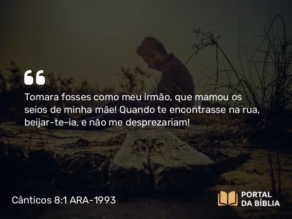 Cânticos 8:1 ARA-1993 - Tomara fosses como meu irmão, que mamou os seios de minha mãe! Quando te encontrasse na rua, beijar-te-ia, e não me desprezariam!