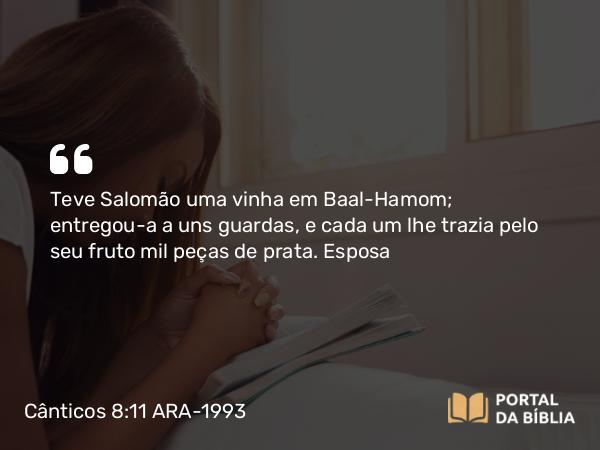 Cânticos 8:11 ARA-1993 - Teve Salomão uma vinha em Baal-Hamom; entregou-a a uns guardas, e cada um lhe trazia pelo seu fruto mil peças de prata.