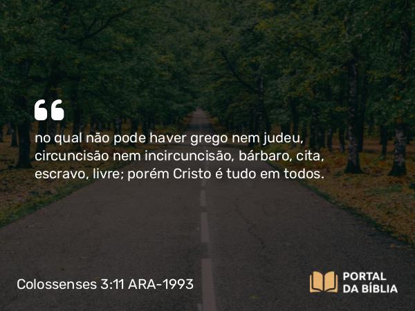 Colossenses 3:11 ARA-1993 - no qual não pode haver grego nem judeu, circuncisão nem incircuncisão, bárbaro, cita, escravo, livre; porém Cristo é tudo em todos.