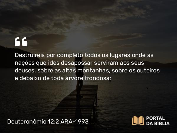 Deuteronômio 12:2 ARA-1993 - Destruireis por completo todos os lugares onde as nações que ides desapossar serviram aos seus deuses, sobre as altas montanhas, sobre os outeiros e debaixo de toda árvore frondosa;