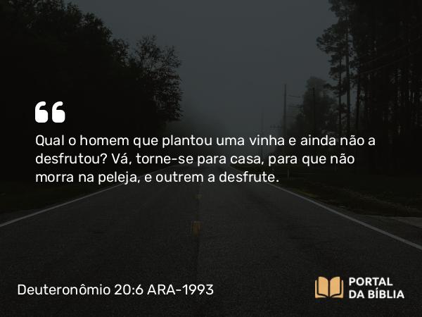 Deuteronômio 20:6 ARA-1993 - Qual o homem que plantou uma vinha e ainda não a desfrutou? Vá, torne-se para casa, para que não morra na peleja, e outrem a desfrute.