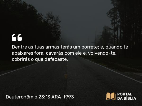 Deuteronômio 23:13 ARA-1993 - Dentre as tuas armas terás um porrete; e, quando te abaixares fora, cavarás com ele e, volvendo-te, cobrirás o que defecaste.