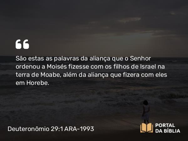 Deuteronômio 29:1 ARA-1993 - São estas as palavras da aliança que o Senhor ordenou a Moisés fizesse com os filhos de Israel na terra de Moabe, além da aliança que fizera com eles em Horebe.