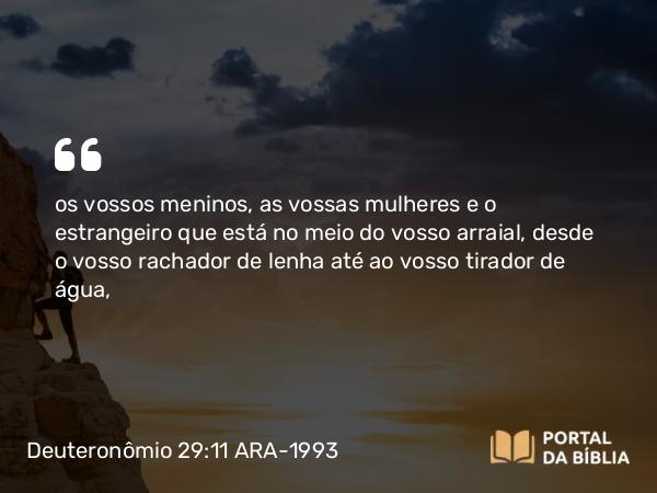 Deuteronômio 29:11 ARA-1993 - os vossos meninos, as vossas mulheres e o estrangeiro que está no meio do vosso arraial, desde o vosso rachador de lenha até ao vosso tirador de água,