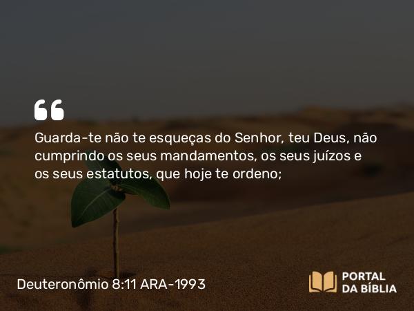 Deuteronômio 8:11 ARA-1993 - Guarda-te não te esqueças do Senhor, teu Deus, não cumprindo os seus mandamentos, os seus juízos e os seus estatutos, que hoje te ordeno;