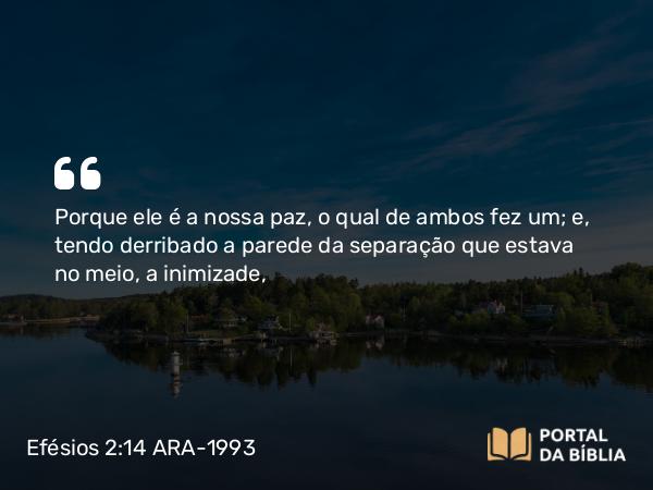 Efésios 2:14 ARA-1993 - Porque ele é a nossa paz, o qual de ambos fez um; e, tendo derribado a parede da separação que estava no meio, a inimizade,