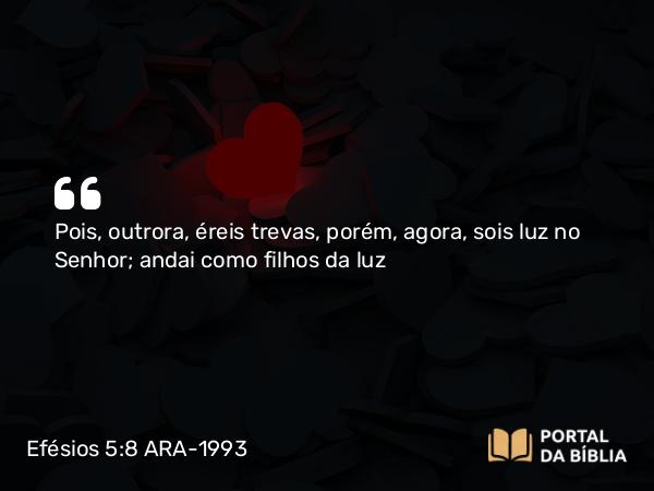 Efésios 5:8 ARA-1993 - Pois, outrora, éreis trevas, porém, agora, sois luz no Senhor; andai como filhos da luz