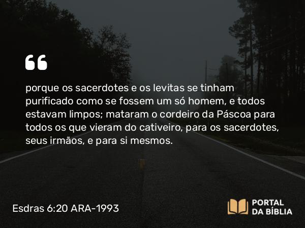 Esdras 6:20 ARA-1993 - porque os sacerdotes e os levitas se tinham purificado como se fossem um só homem, e todos estavam limpos; mataram o cordeiro da Páscoa para todos os que vieram do cativeiro, para os sacerdotes, seus irmãos, e para si mesmos.