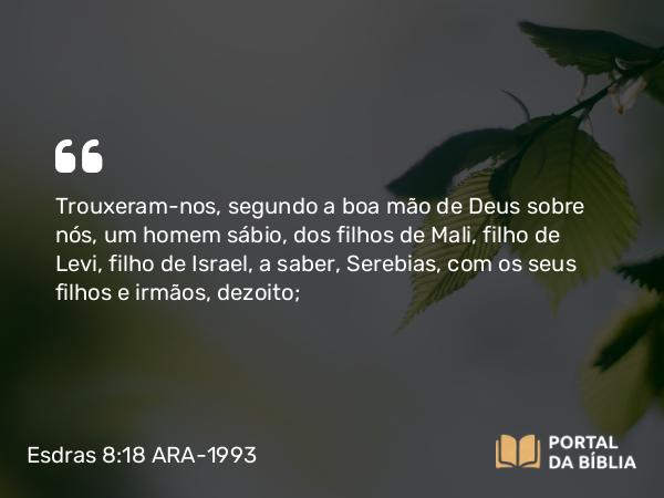 Esdras 8:18 ARA-1993 - Trouxeram-nos, segundo a boa mão de Deus sobre nós, um homem sábio, dos filhos de Mali, filho de Levi, filho de Israel, a saber, Serebias, com os seus filhos e irmãos, dezoito;