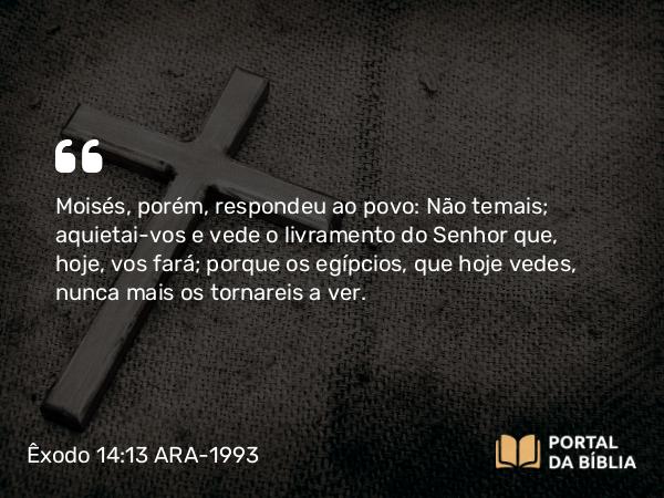 Êxodo 14:13-14 ARA-1993 - Moisés, porém, respondeu ao povo: Não temais; aquietai-vos e vede o livramento do Senhor que, hoje, vos fará; porque os egípcios, que hoje vedes, nunca mais os tornareis a ver.