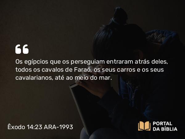 Êxodo 14:23 ARA-1993 - Os egípcios que os perseguiam entraram atrás deles, todos os cavalos de Faraó, os seus carros e os seus cavalarianos, até ao meio do mar.