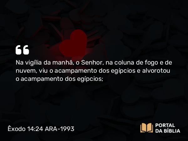 Êxodo 14:24 ARA-1993 - Na vigília da manhã, o Senhor, na coluna de fogo e de nuvem, viu o acampamento dos egípcios e alvorotou o acampamento dos egípcios;