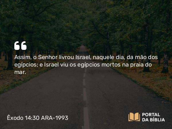 Êxodo 14:30 ARA-1993 - Assim, o Senhor livrou Israel, naquele dia, da mão dos egípcios; e Israel viu os egípcios mortos na praia do mar.